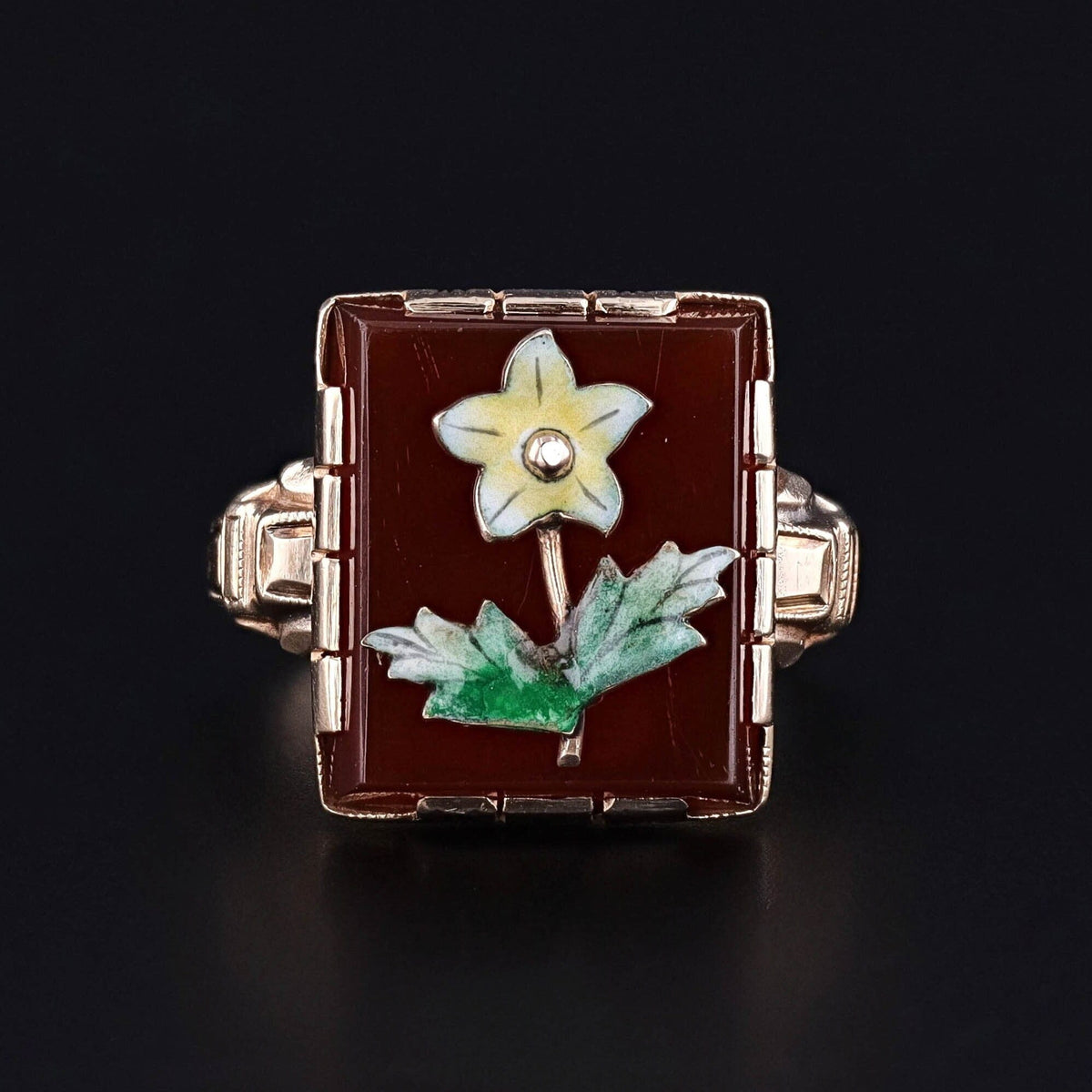 Antique Carnelian and Enamel Flower Conversion Ring of 10k Gold - Trademark Antiques
