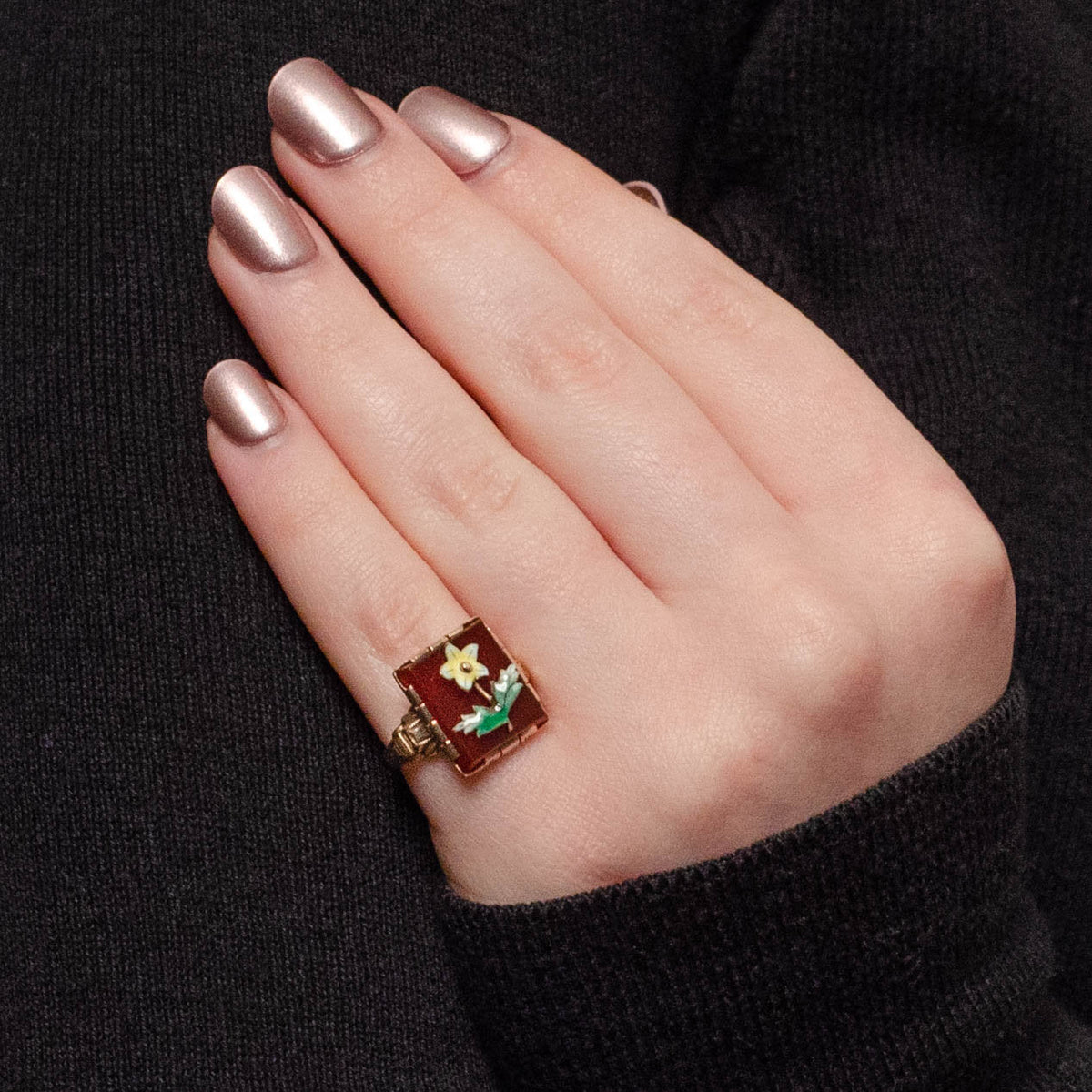 Antique Carnelian and Enamel Flower Conversion Ring of 10k Gold - Trademark Antiques