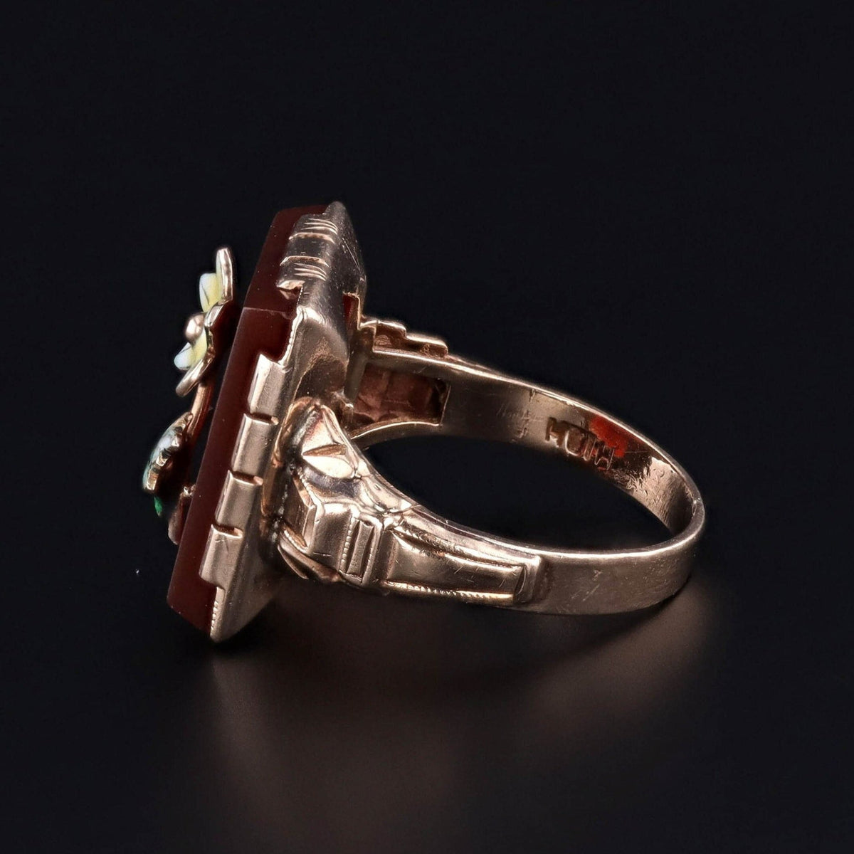 Antique Carnelian and Enamel Flower Conversion Ring of 10k Gold - Trademark Antiques