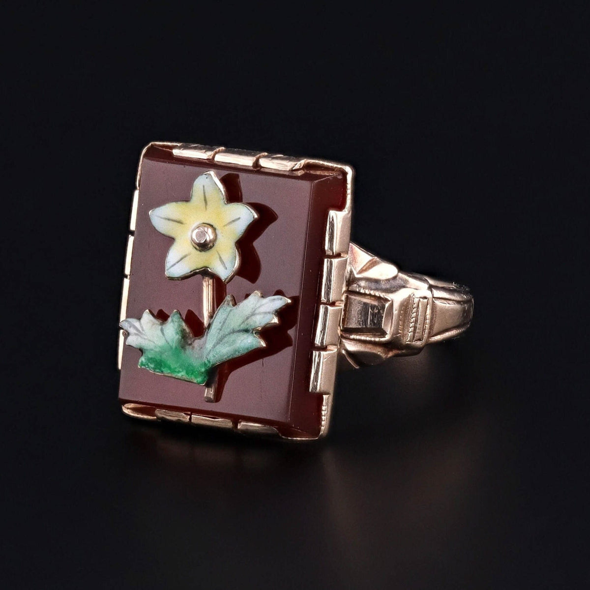 Antique Carnelian and Enamel Flower Conversion Ring of 10k Gold - Trademark Antiques