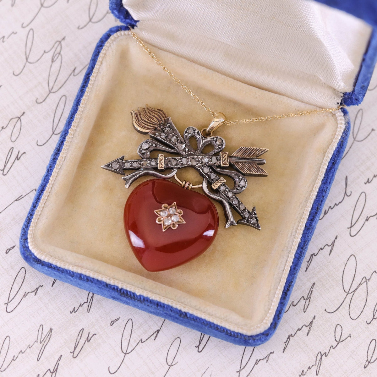 Antique Carnelian Heart Necklace of Silver and Gold - Trademark Antiques