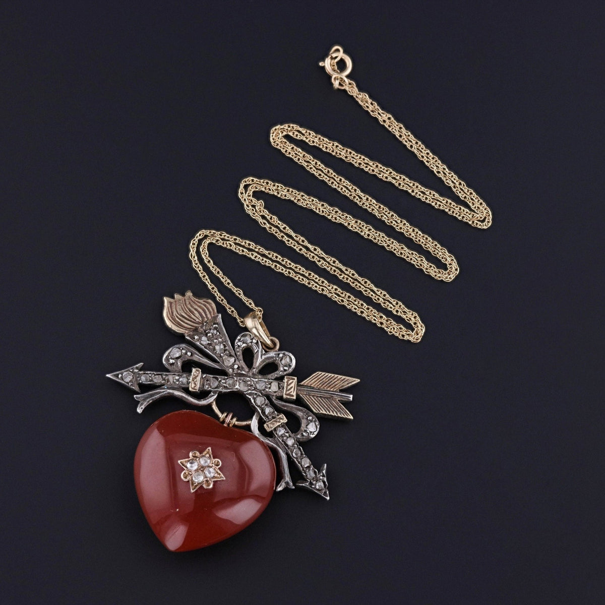 Antique Carnelian Heart Necklace of Silver and Gold - Trademark Antiques
