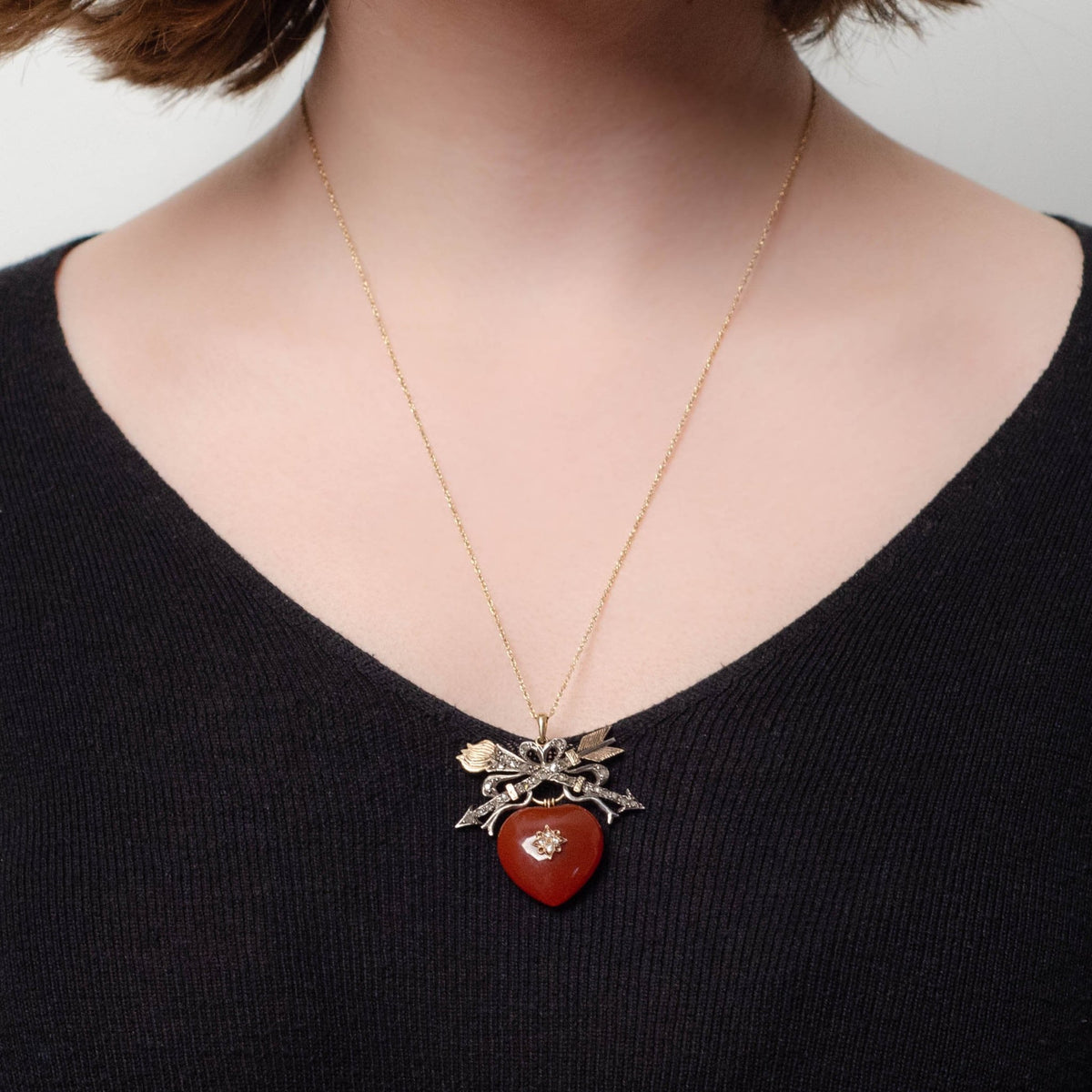 Antique Carnelian Heart Necklace of Silver and Gold - Trademark Antiques