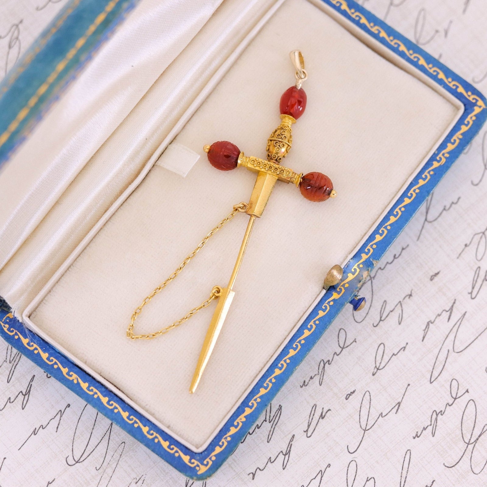 Antique Carnelian Jabot Pin Sword Pendant of 22k Gold - Trademark Antiques