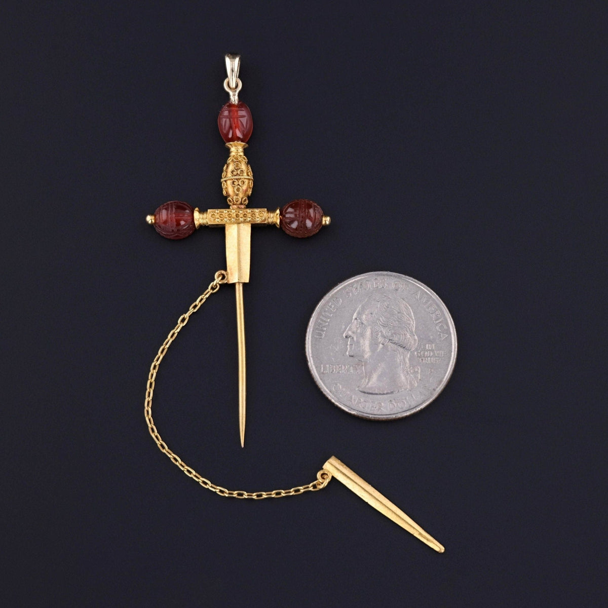 Antique Carnelian Jabot Pin Sword Pendant of 22k Gold - Trademark Antiques