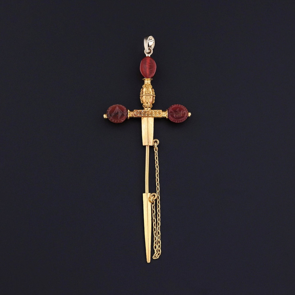 Antique Carnelian Jabot Pin Sword Pendant of 22k Gold - Trademark Antiques