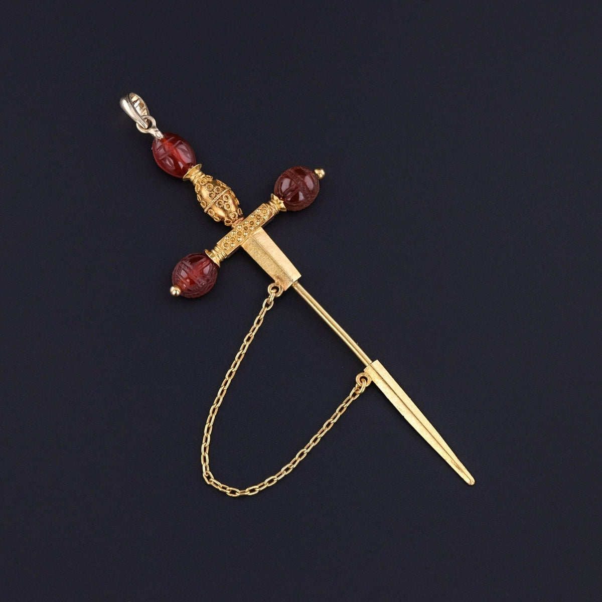 Antique Carnelian Jabot Pin Sword Pendant of 22k Gold - Trademark Antiques