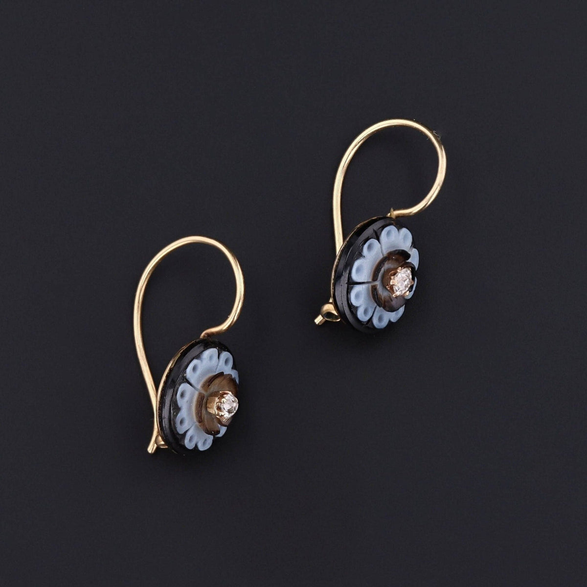 Antique Carved Banded Agate and Diamond Earrings of 14k Gold - Trademark Antiques