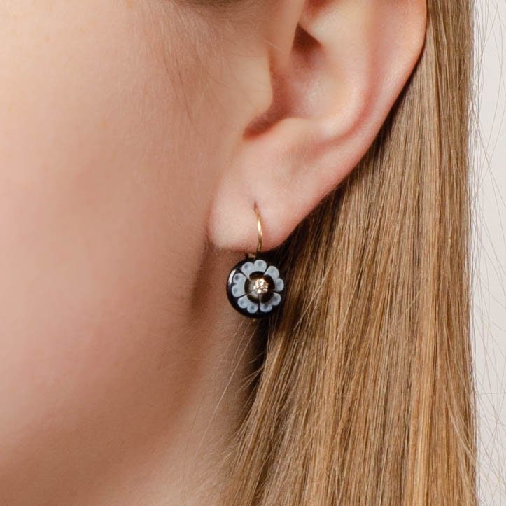 Antique Carved Banded Agate and Diamond Earrings of 14k Gold - Trademark Antiques