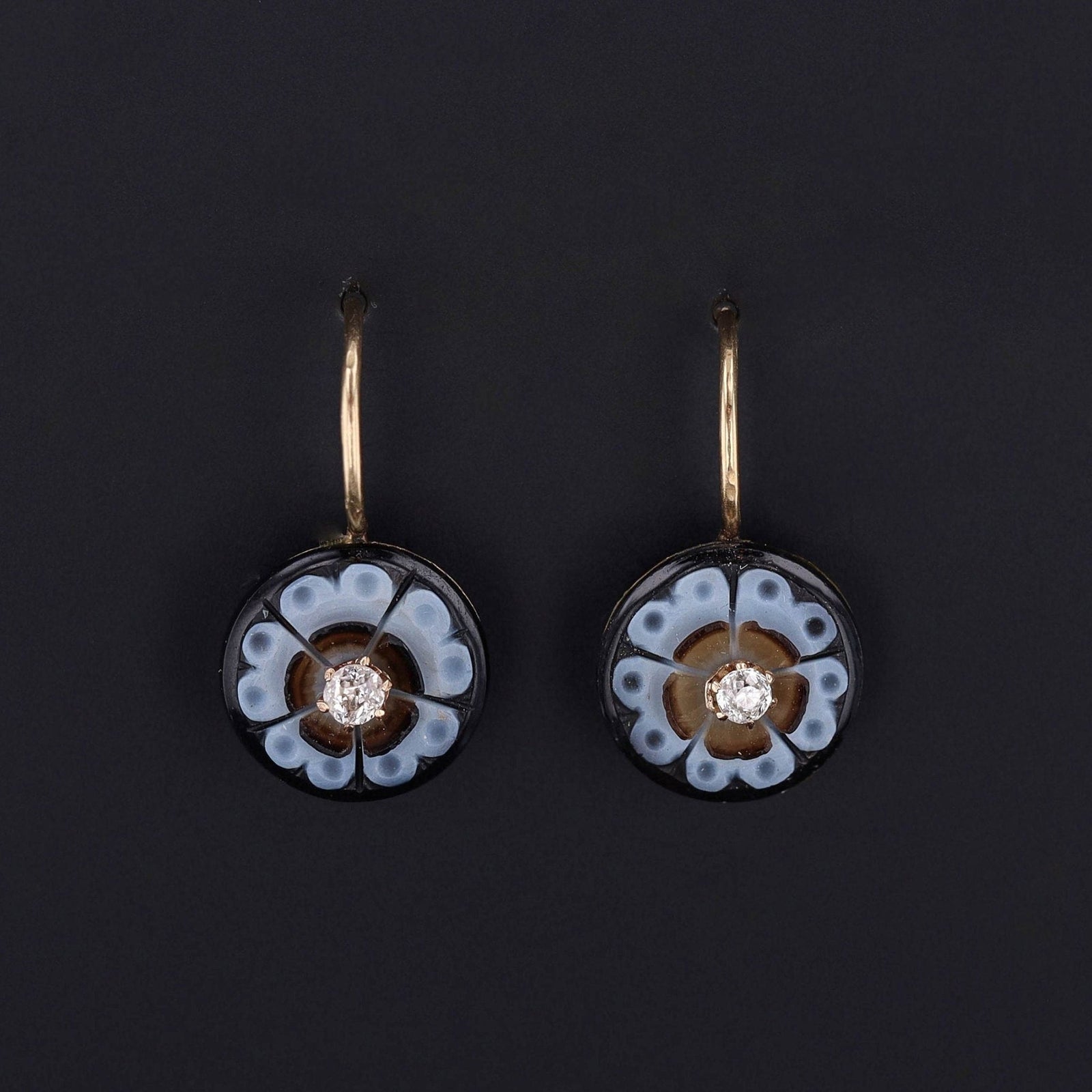 Antique Carved Banded Agate and Diamond Earrings of 14k Gold - Trademark Antiques