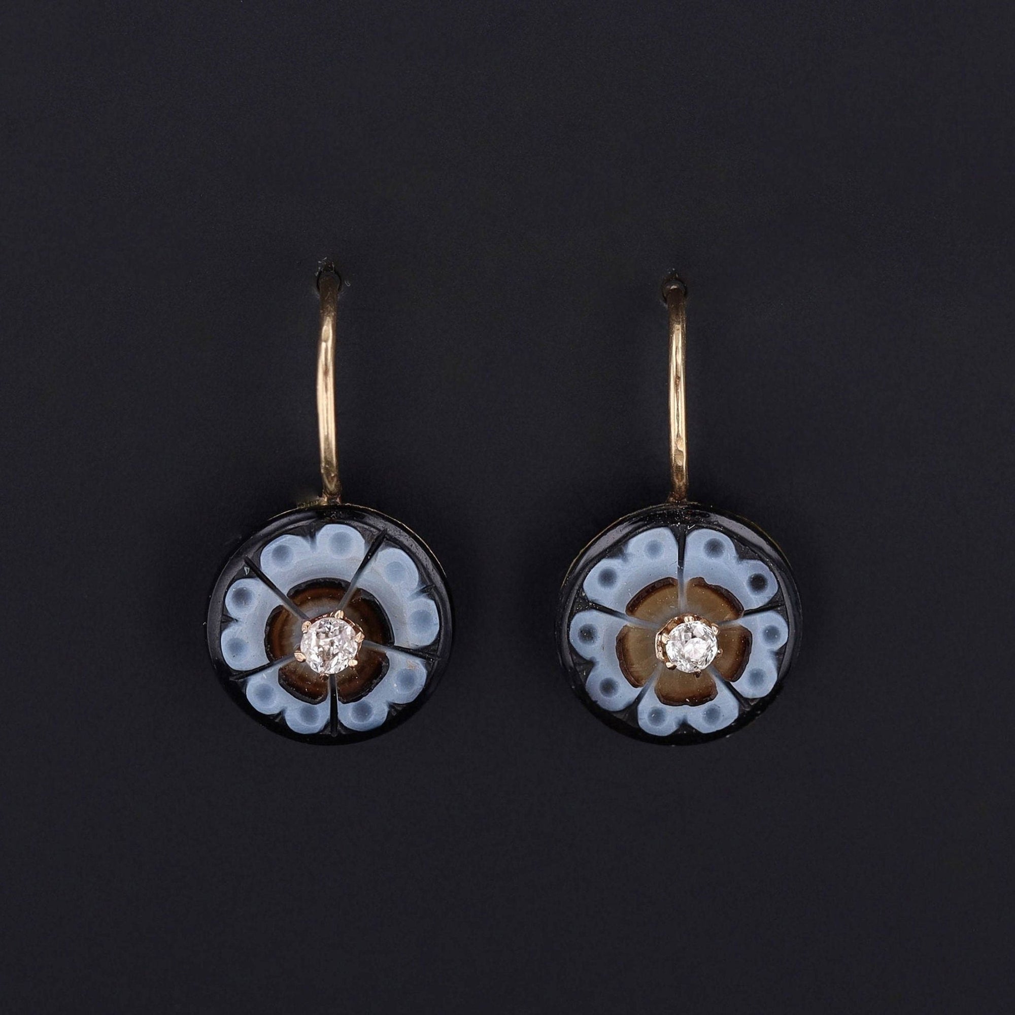 Antique Carved Banded Agate and Diamond Earrings of 14k Gold - Trademark Antiques