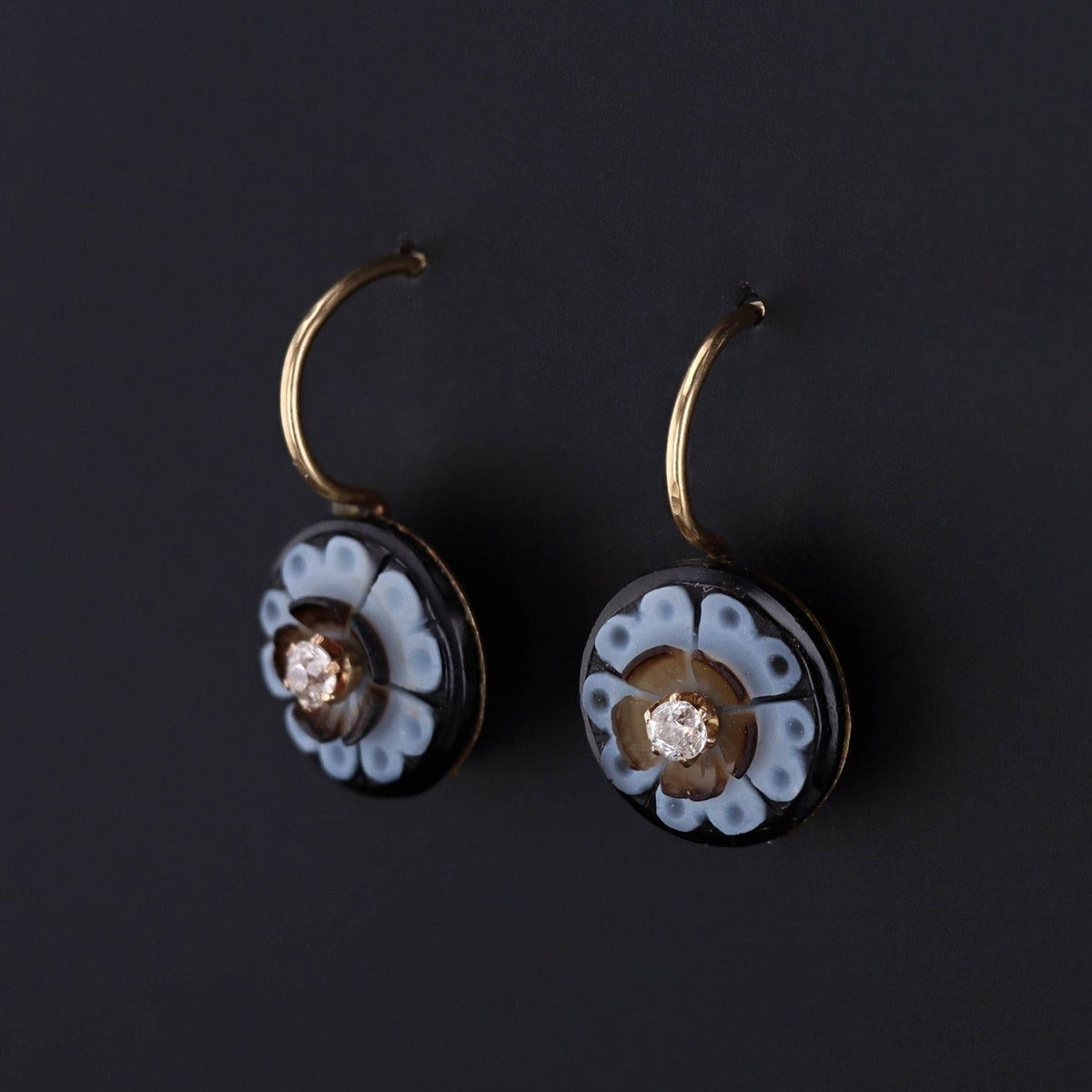 Antique Carved Banded Agate and Diamond Earrings of 14k Gold - Trademark Antiques