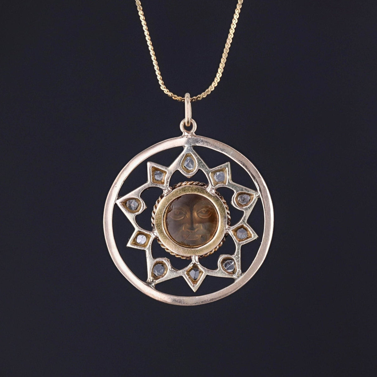 Antique Carved Citrine Sun Conversion Pendant of 10k Gold - Trademark Antiques