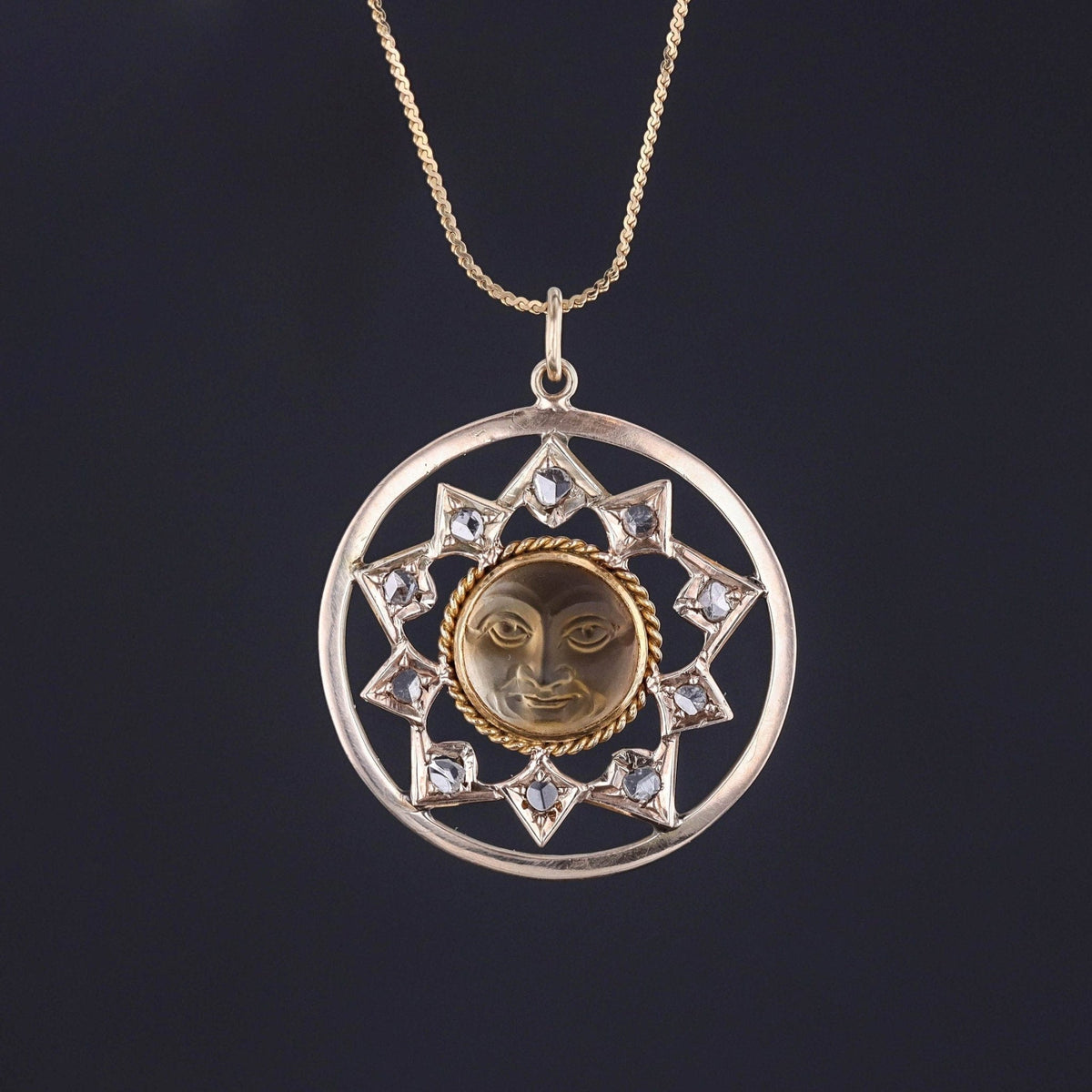 Antique Carved Citrine Sun Conversion Pendant of 10k Gold - Trademark Antiques