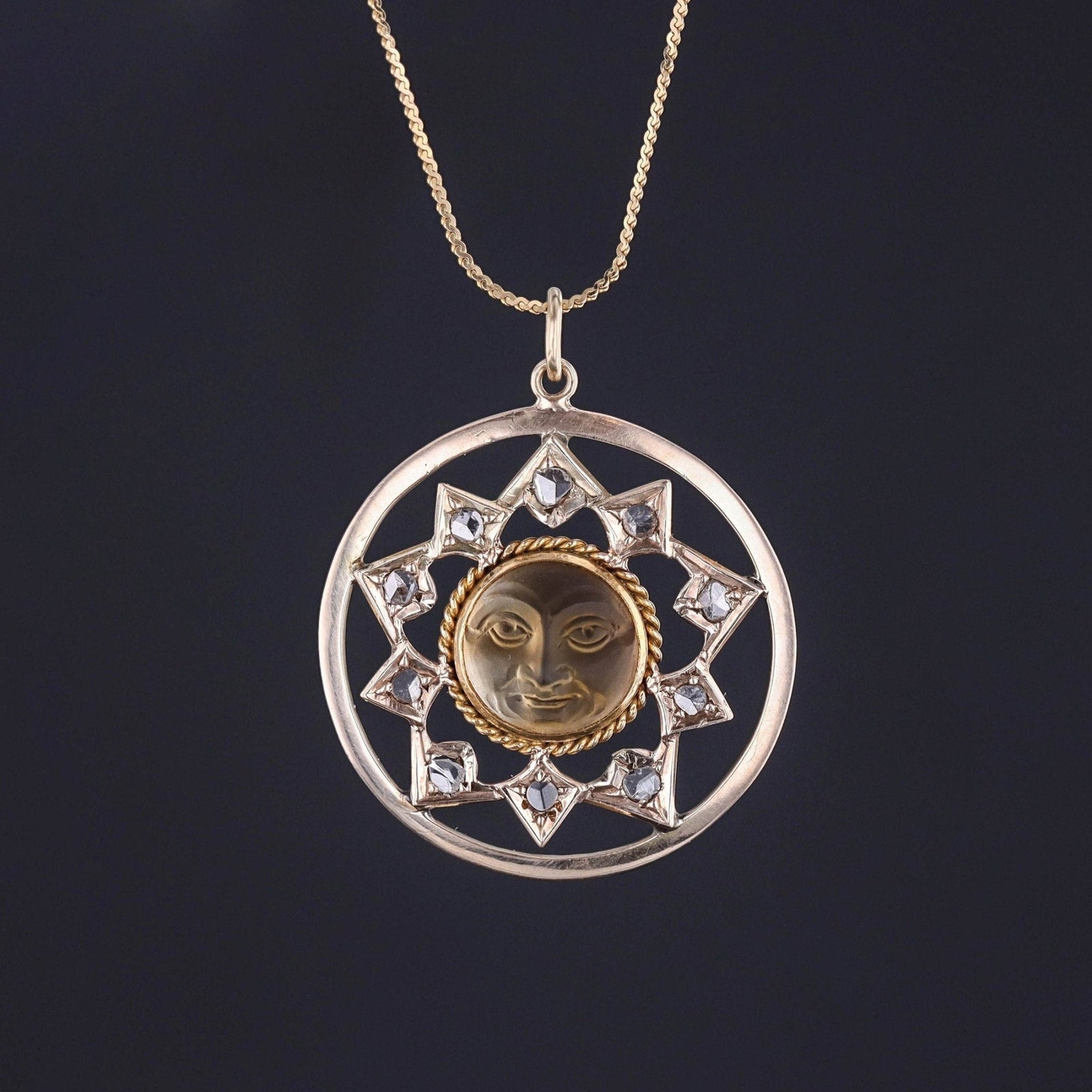 Antique Carved Citrine Sun Conversion Pendant of 10k Gold - Trademark Antiques