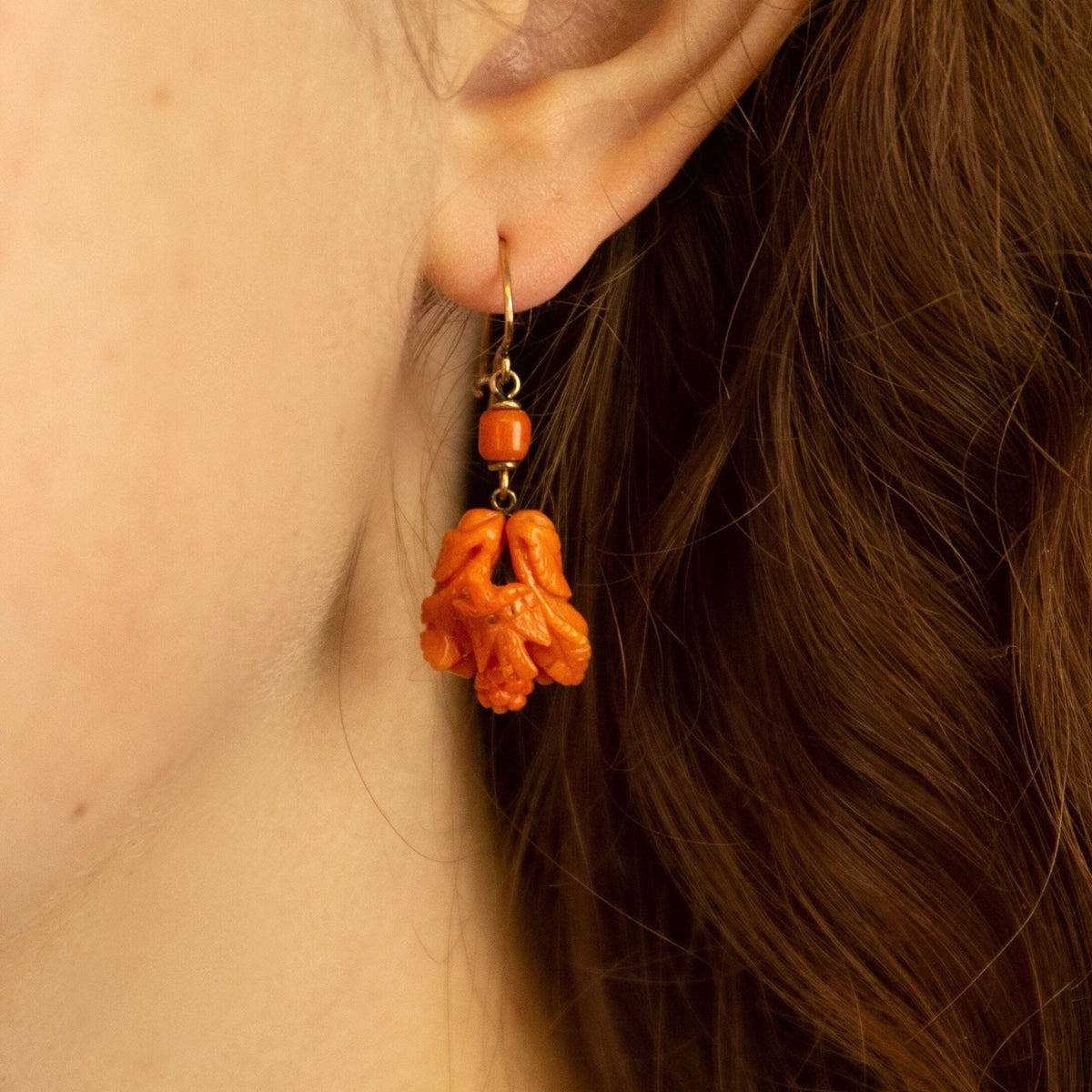Antique Carved Coral Earrings | 10k Gold &amp; Coral Dangle Earrings - Trademark Antiques
