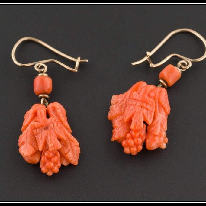 Antique Carved Coral Earrings | 10k Gold & Coral Dangle Earrings - Trademark Antiques