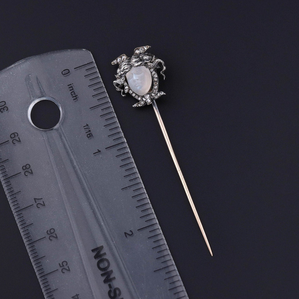 Antique Carved Moonstone Face Stickpin of Silver and 14k Gold - Trademark Antiques