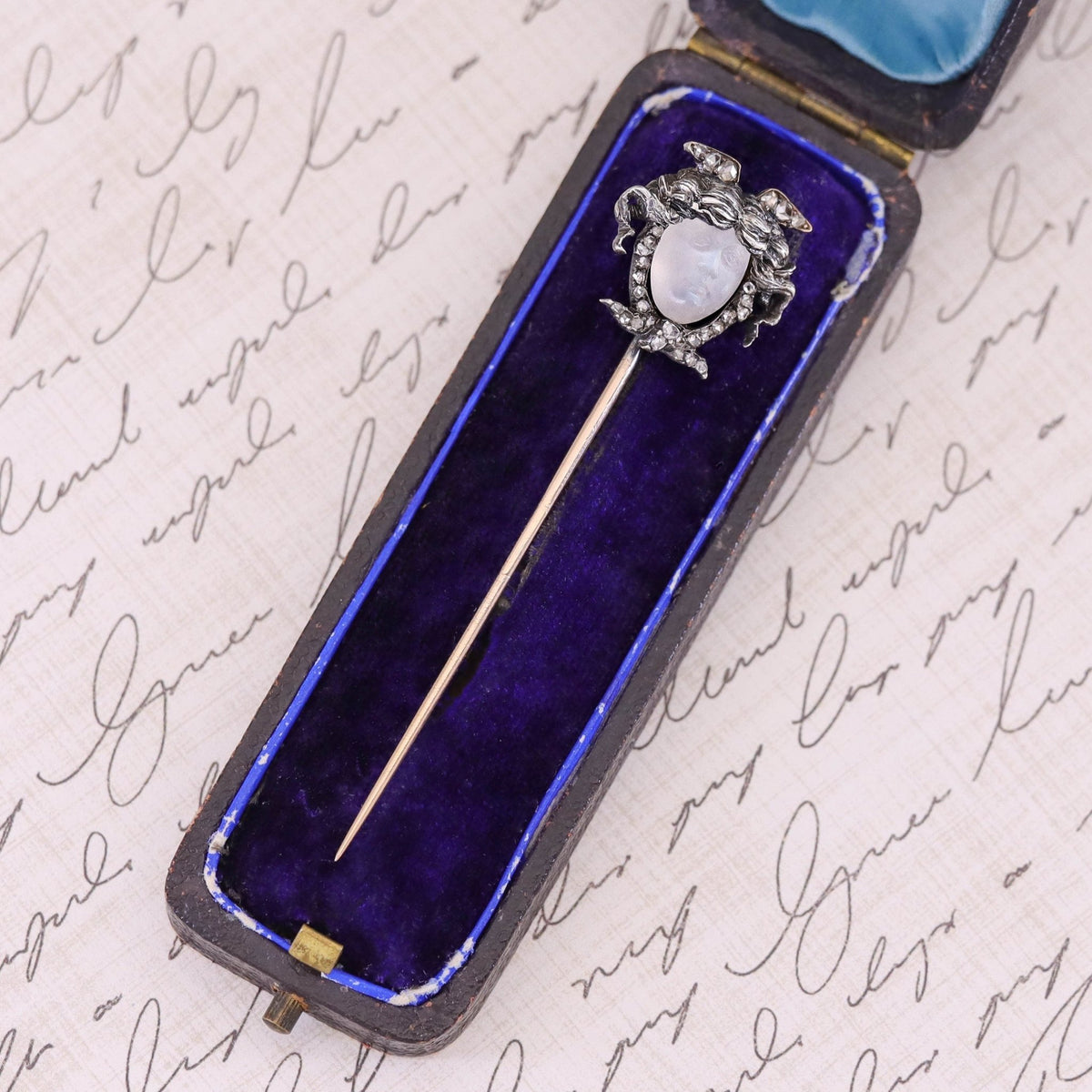 Antique Carved Moonstone Face Stickpin of Silver and 14k Gold - Trademark Antiques