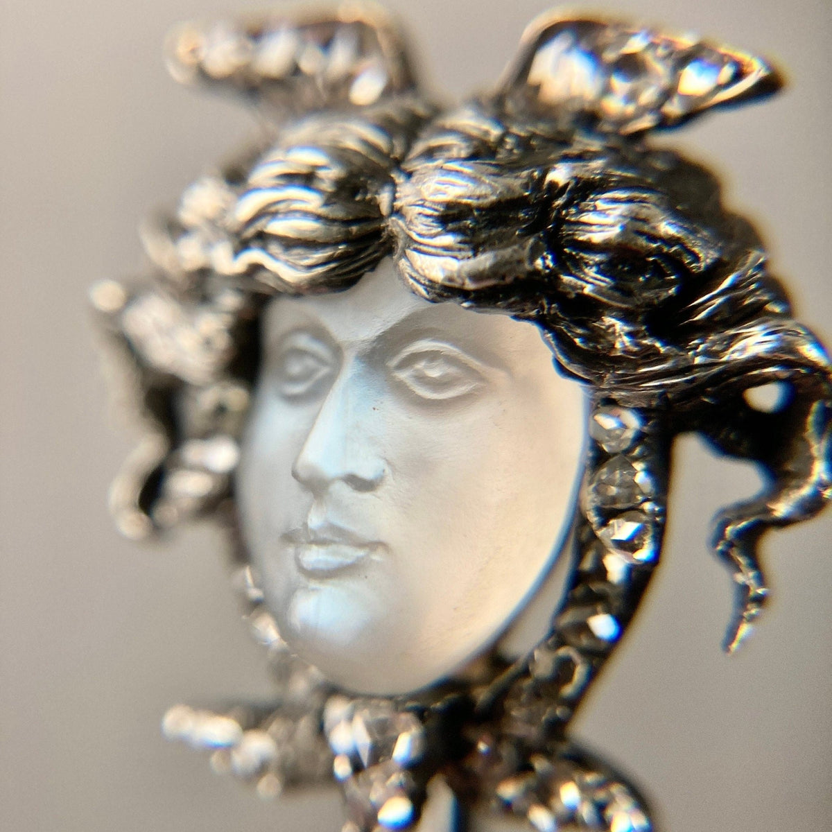 Antique Carved Moonstone Face Stickpin of Silver and 14k Gold - Trademark Antiques