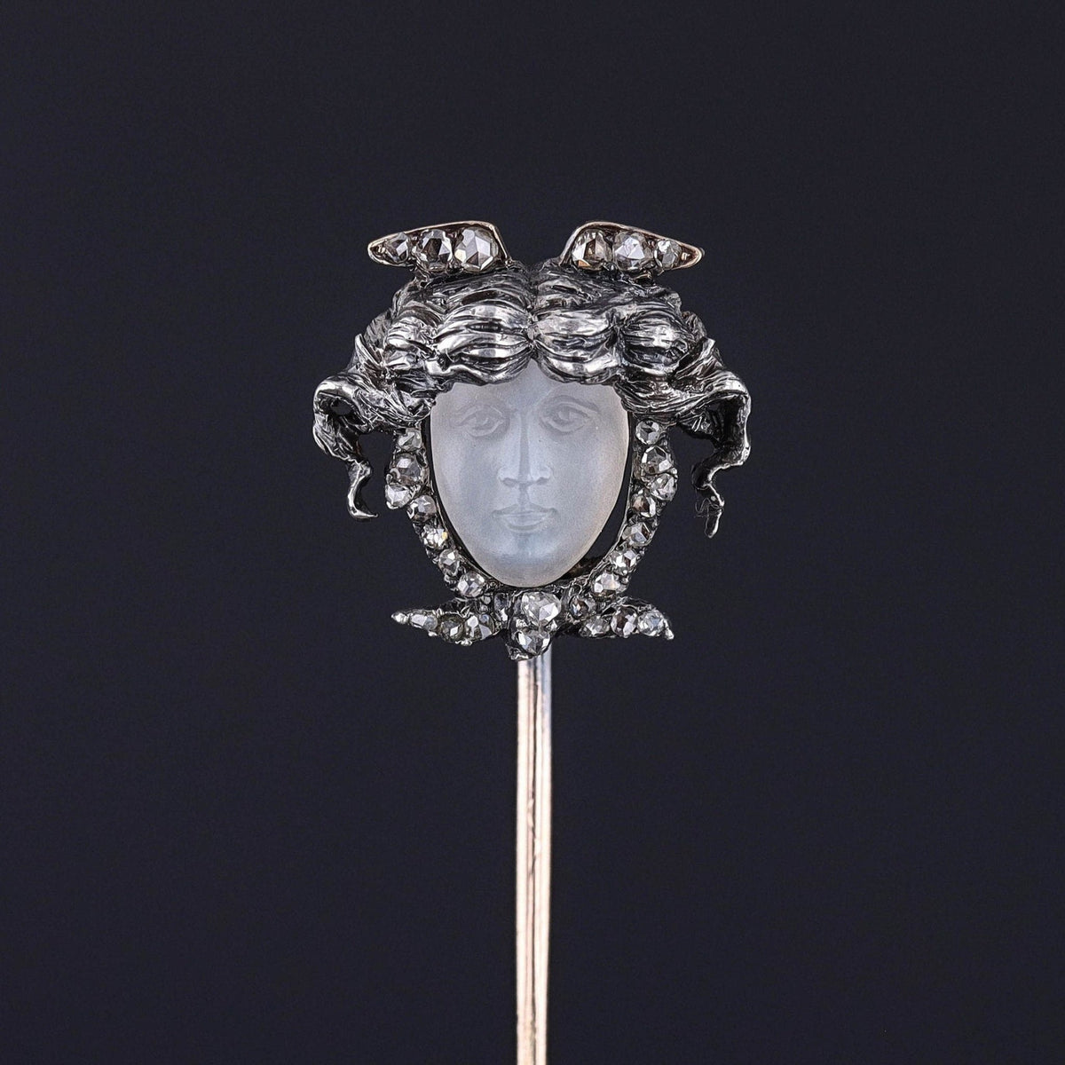 Antique Carved Moonstone Face Stickpin of Silver and 14k Gold - Trademark Antiques