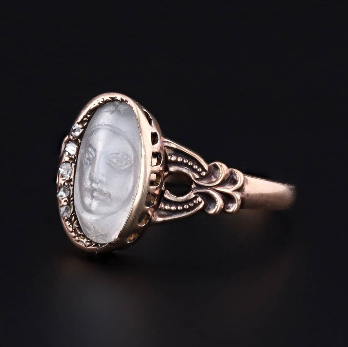 Antique Carved Moonstone Man in the Moon Ring of 10k Gold - Trademark Antiques