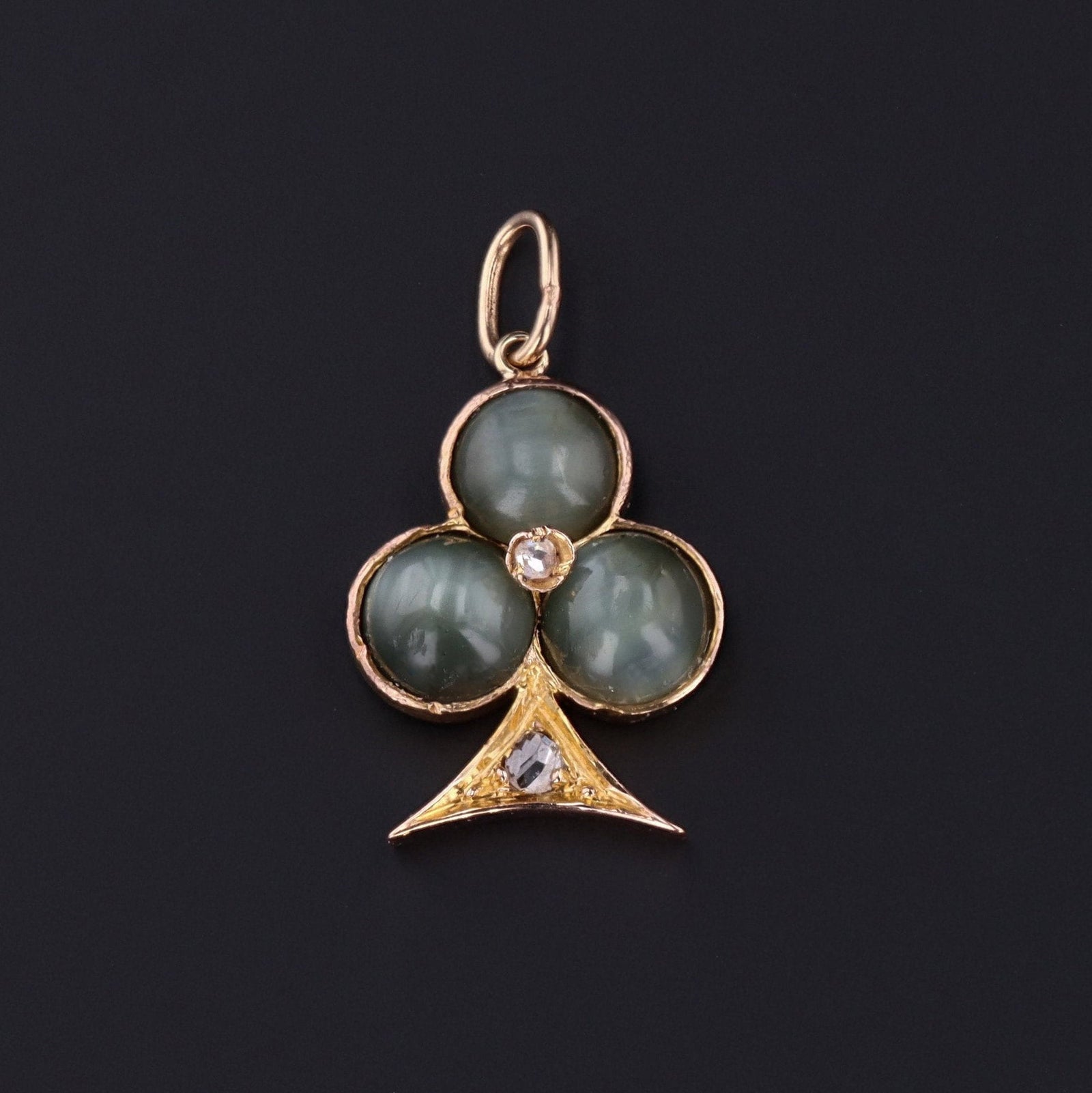 Antique Cat's Eye Quartz amd Diamond Trefoil Conversion Charm of 14k Gold - Trademark Antiques