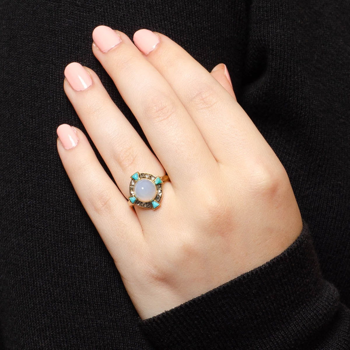 Antique Chalcedony Turquoise and Diamond Conversion Ring of 14k Gold - Trademark Antiques