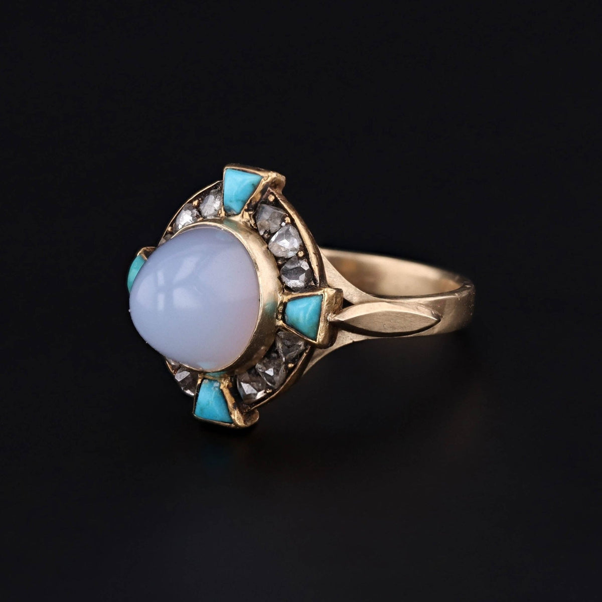 Antique Chalcedony Turquoise and Diamond Conversion Ring of 14k Gold - Trademark Antiques