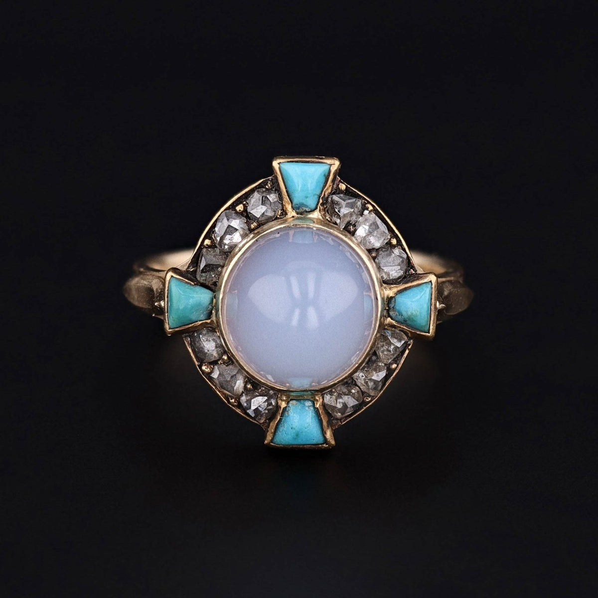 Antique Chalcedony Turquoise and Diamond Conversion Ring of 14k Gold - Trademark Antiques