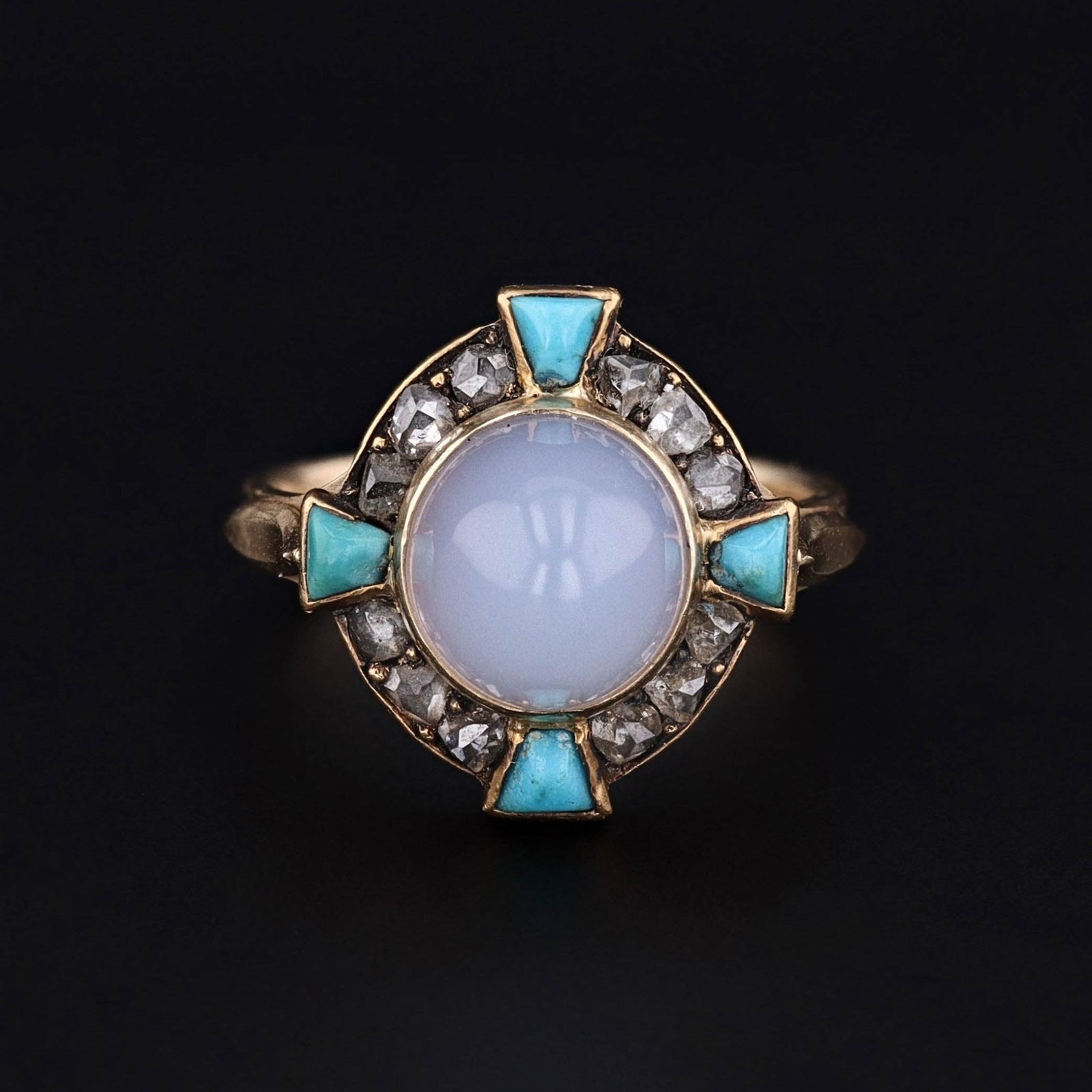 Antique Chalcedony Turquoise and Diamond Conversion Ring of 14k Gold - Trademark Antiques