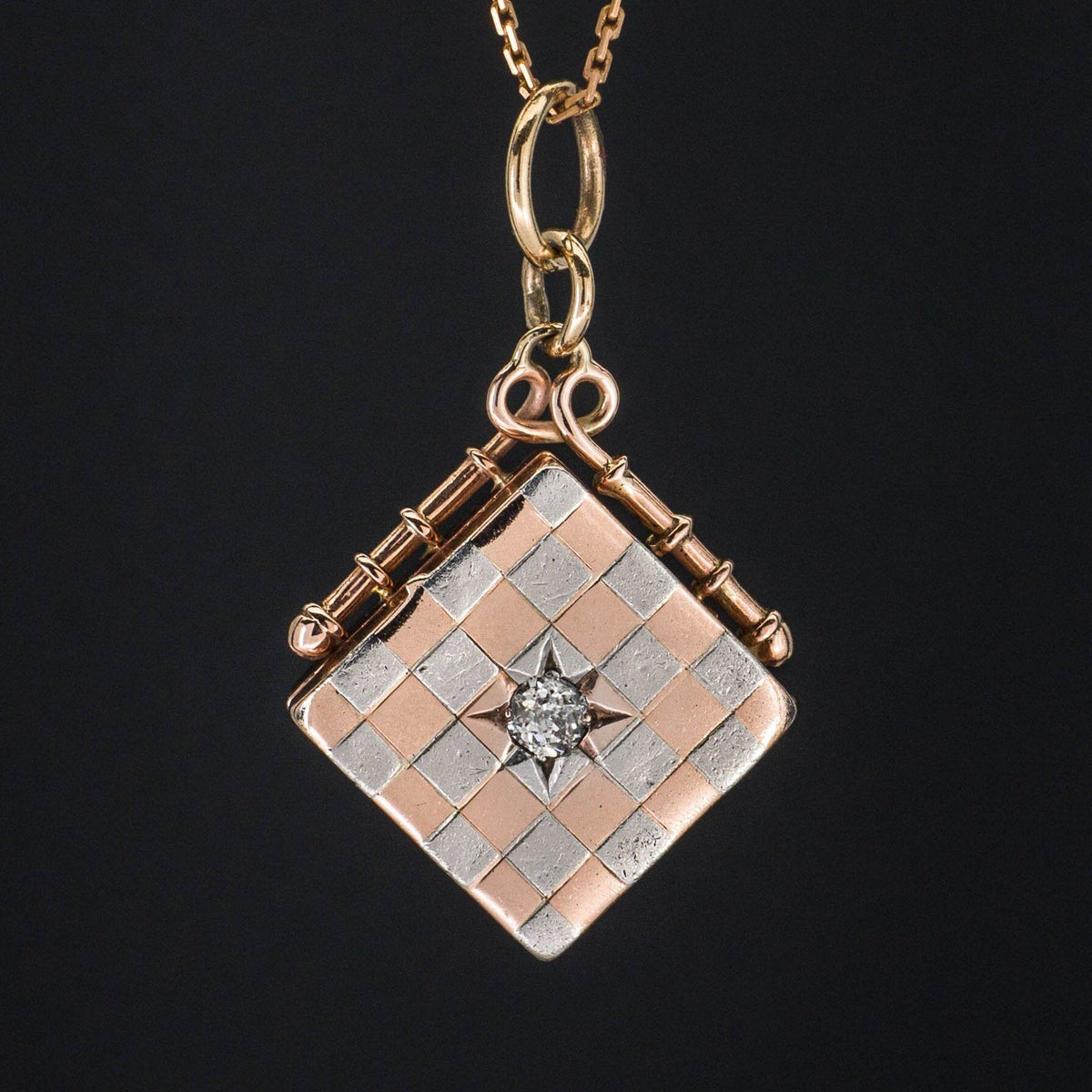 Antique Checkerboard Locket | Mixed Metal Locket - Trademark Antiques