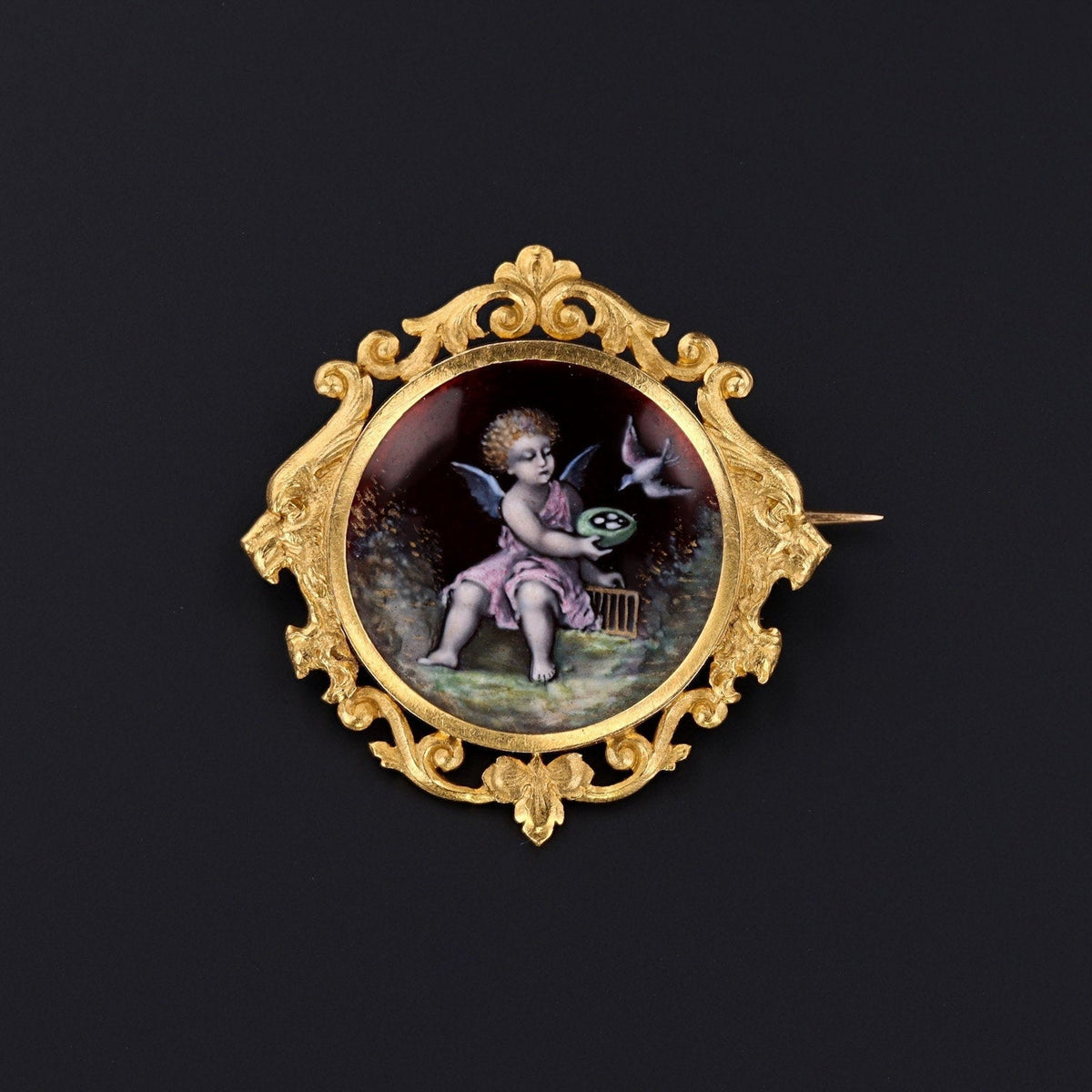Antique Cherub Brooch | 18k Gold French Enamel Brooch with Lion Heads - Trademark Antiques