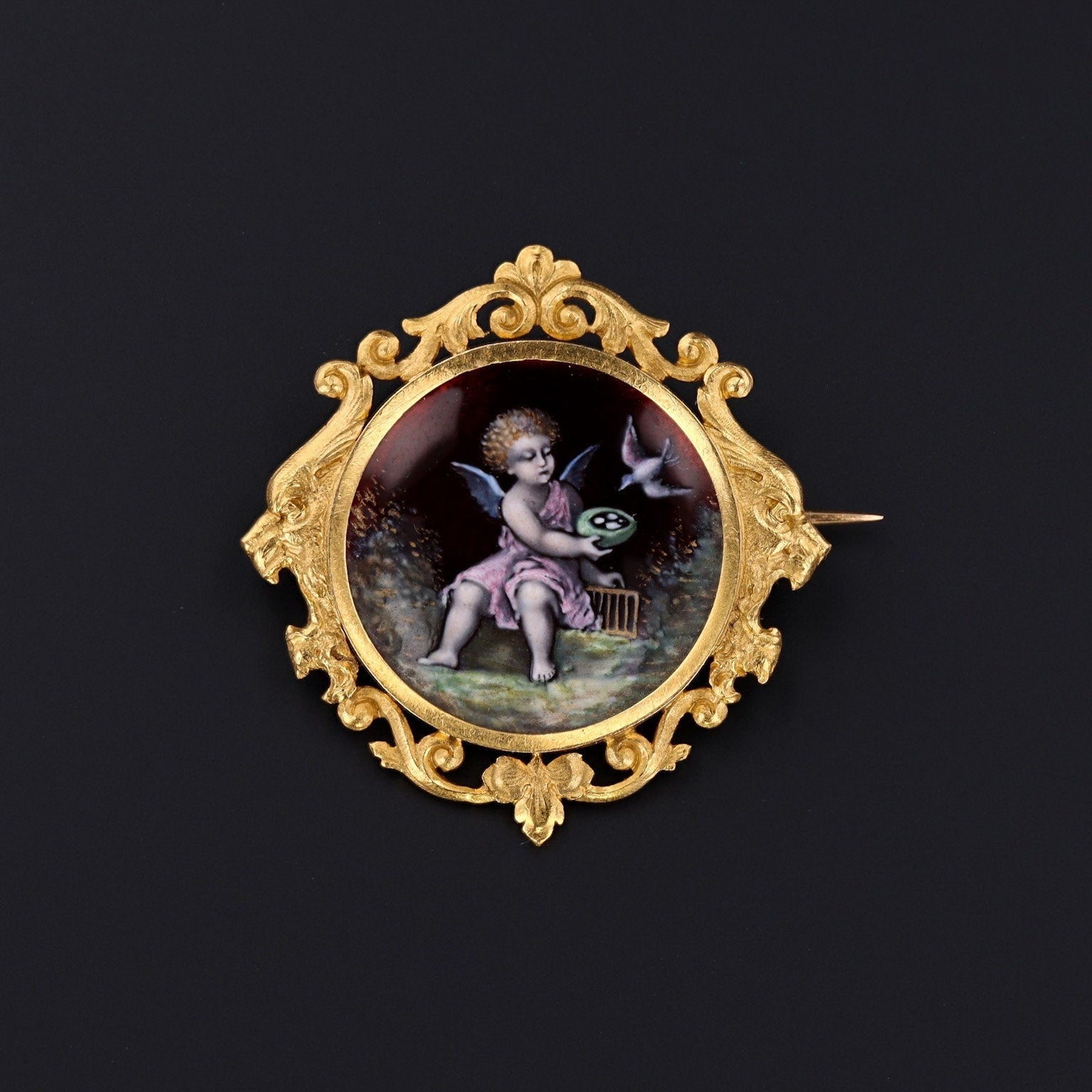 Antique Cherub Brooch | 18k Gold French Enamel Brooch with Lion Heads - Trademark Antiques