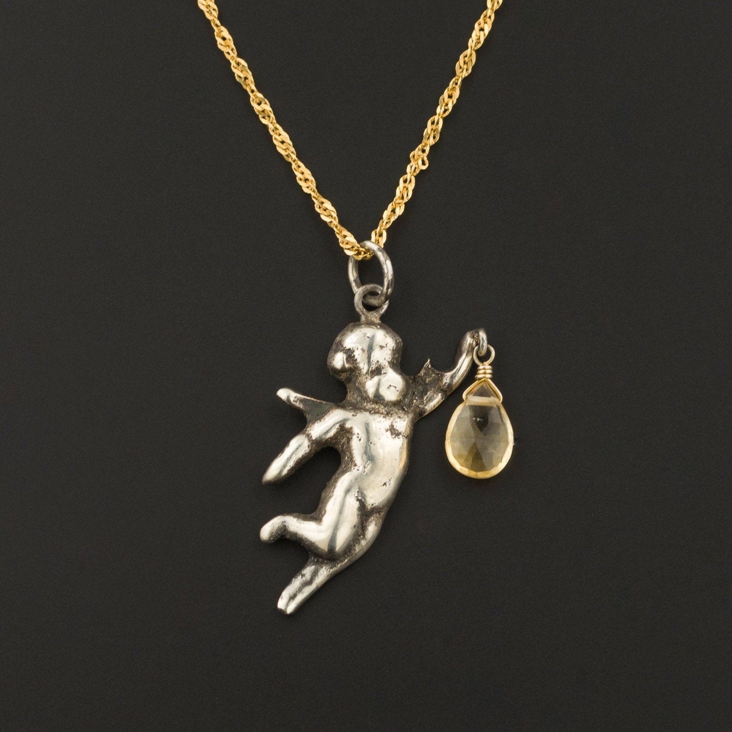 Antique Cherub Pendant | Silver Cherub Pendant with Citrine Briolette on Optional 14k Chain - Trademark Antiques