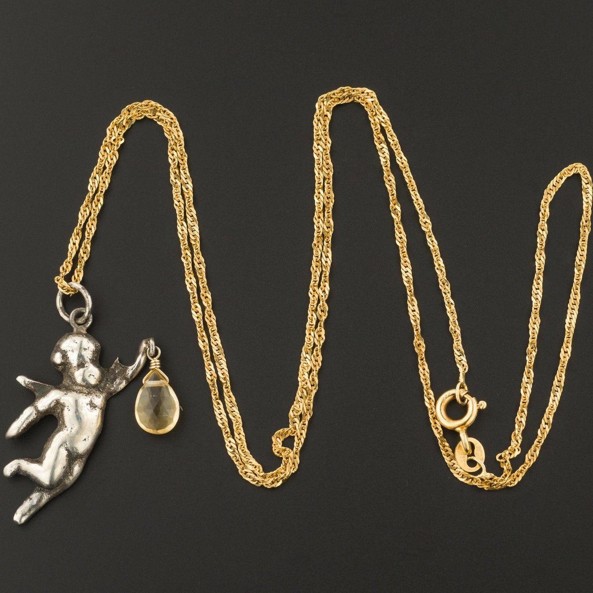 Antique Cherub Pendant | Silver Cherub Pendant with Citrine Briolette on Optional 14k Chain - Trademark Antiques