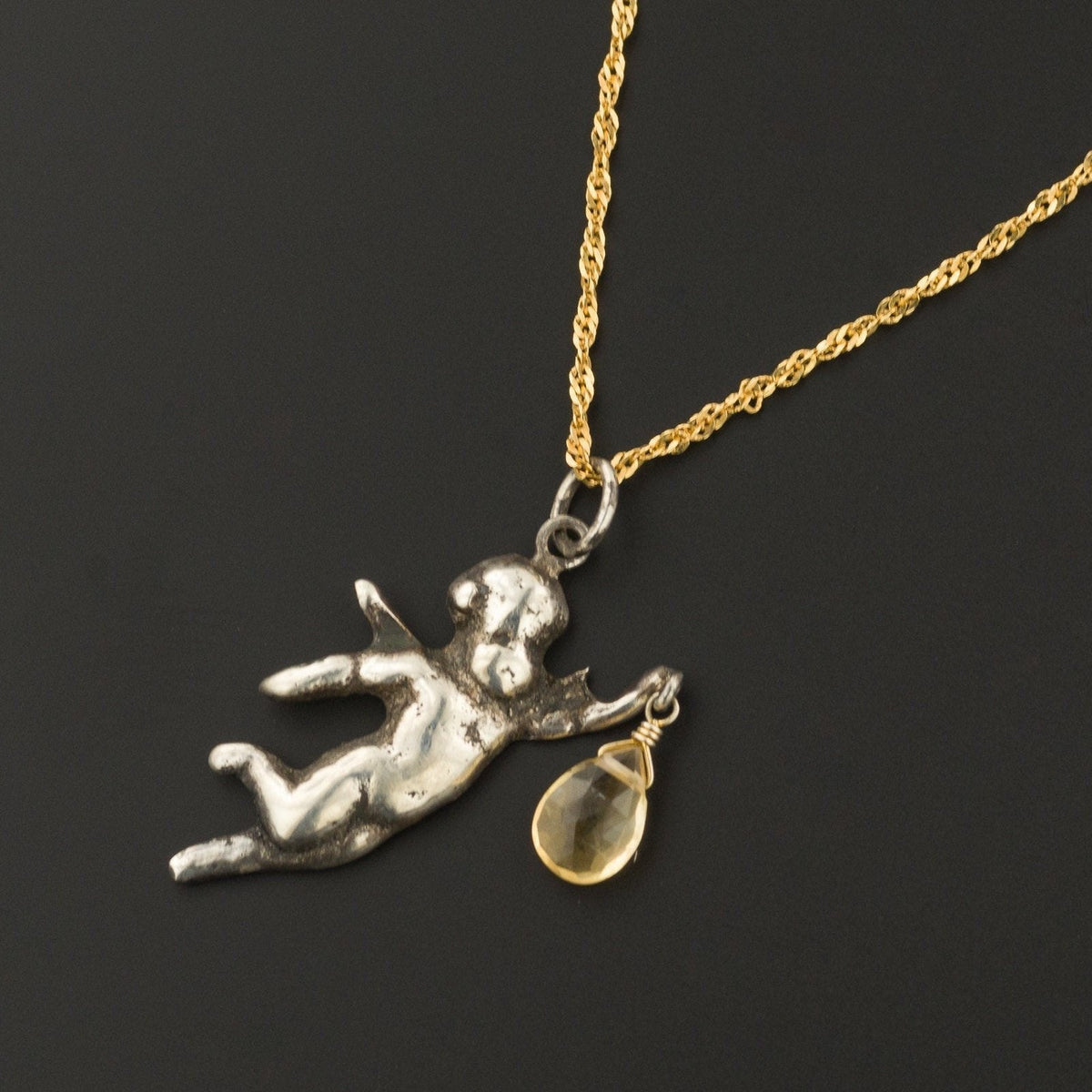 Antique Cherub Pendant | Silver Cherub Pendant with Citrine Briolette on Optional 14k Chain - Trademark Antiques