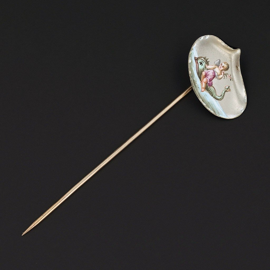 Antique Cherub Riding a Fish Stickpin | Antique Stickpin - Trademark Antiques