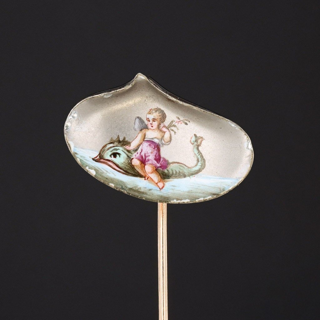 Antique Cherub Riding a Fish Stickpin | Antique Stickpin - Trademark Antiques