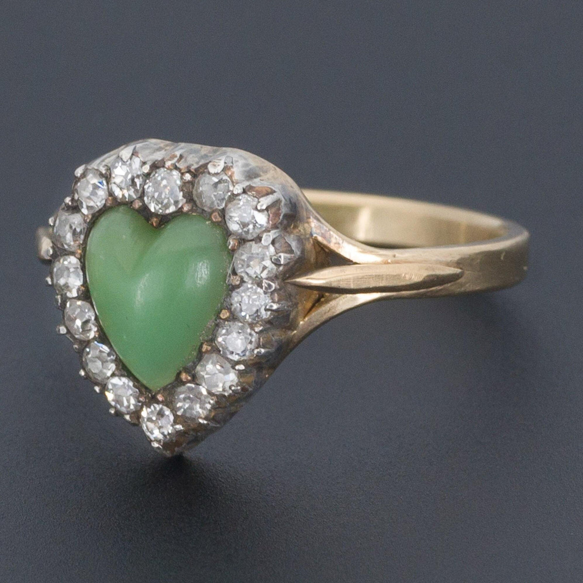 Antique Chrysoprase &amp; Diamond Heart Ring | Chrysoprase Ring - Trademark Antiques