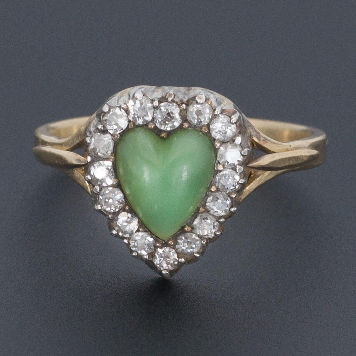 Antique Chrysoprase &amp; Diamond Heart Ring | Chrysoprase Ring - Trademark Antiques