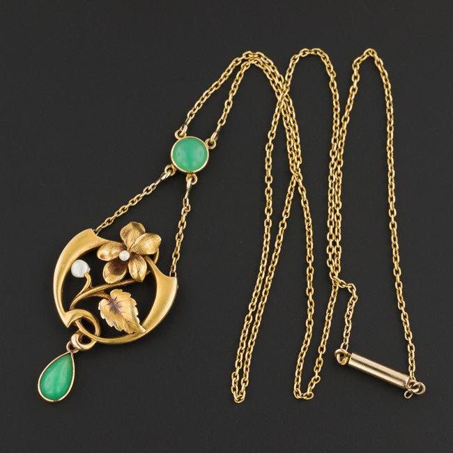 Antique Chrysoprase Necklace | 14k Gold Art Nouveau Necklace - Trademark Antiques