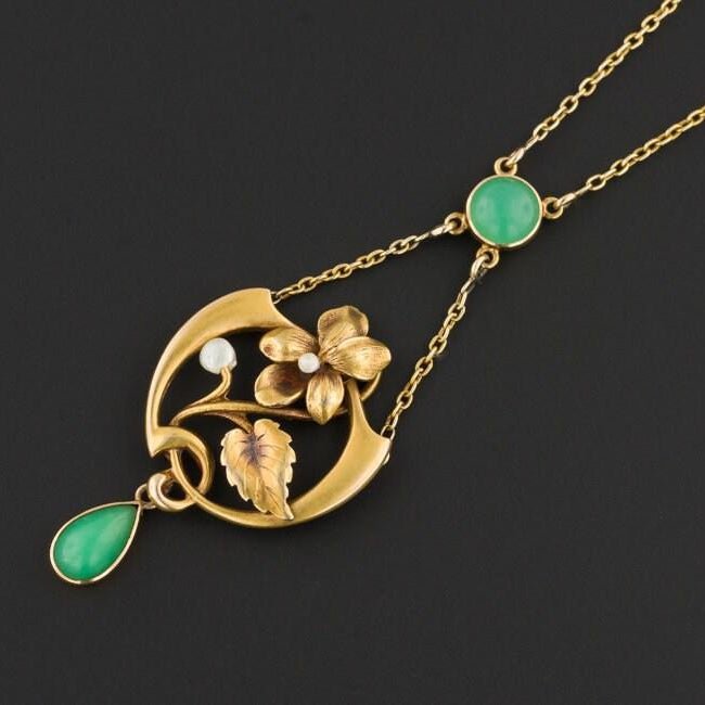 Antique Chrysoprase Necklace | 14k Gold Art Nouveau Necklace - Trademark Antiques