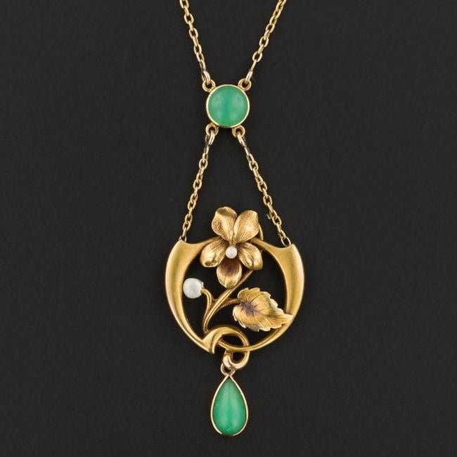 Antique Chrysoprase Necklace | 14k Gold Art Nouveau Necklace - Trademark Antiques