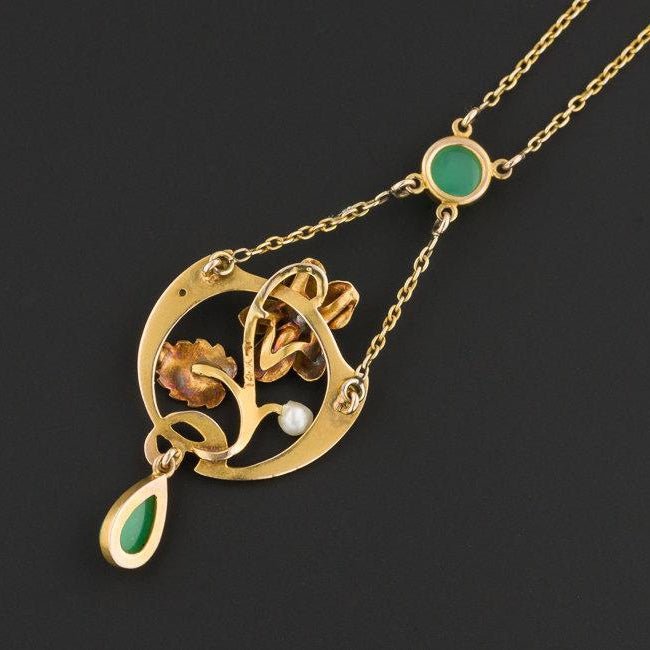 Antique Chrysoprase Necklace | 14k Gold Art Nouveau Necklace - Trademark Antiques
