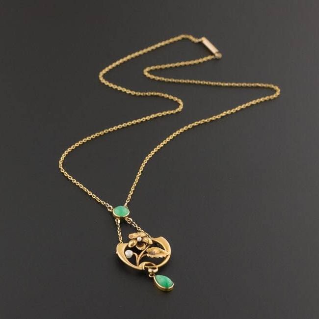 Antique Chrysoprase Necklace | 14k Gold Art Nouveau Necklace - Trademark Antiques
