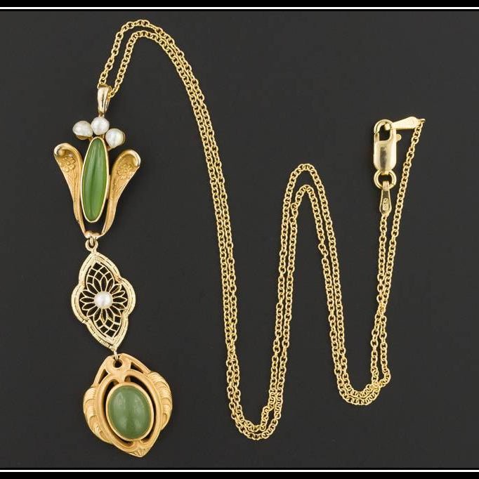 Antique Chrysoprase &amp; Pearl Pendant With Optional 10k Chain | Antique Pin Conversion Pendant - Trademark Antiques