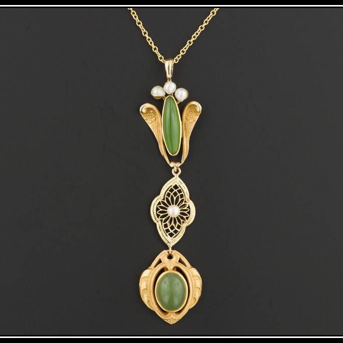 Antique Chrysoprase &amp; Pearl Pendant With Optional 10k Chain | Antique Pin Conversion Pendant - Trademark Antiques