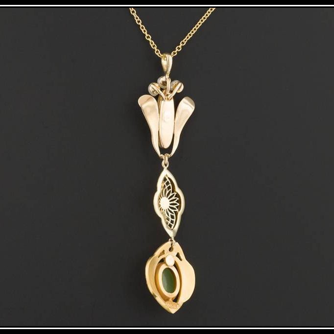 Antique Chrysoprase &amp; Pearl Pendant With Optional 10k Chain | Antique Pin Conversion Pendant - Trademark Antiques
