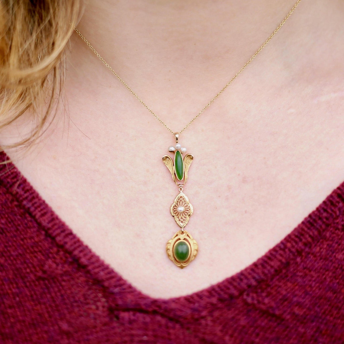 Antique Chrysoprase &amp; Pearl Pendant With Optional 10k Chain | Antique Pin Conversion Pendant - Trademark Antiques